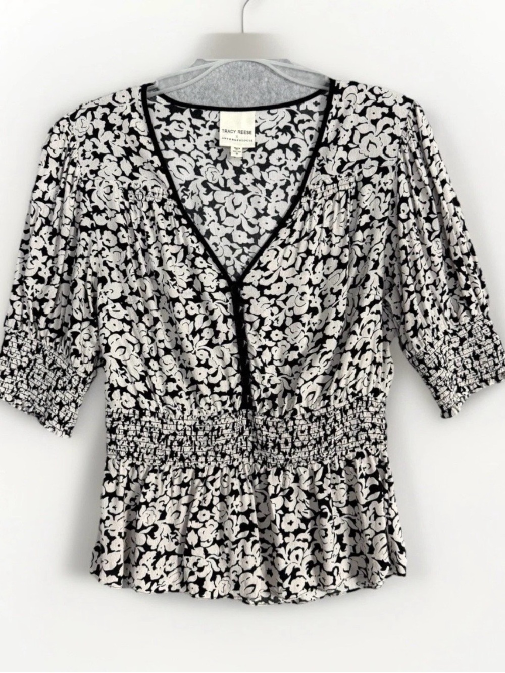 Tracy Reese x Anthropologie Floral Peplum Blouse Black Cream Smocked Waist Small